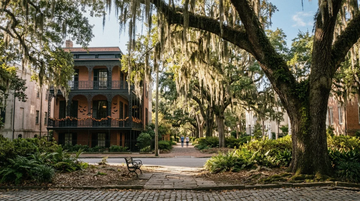 A Savannah square with live oaks and Halloween garlands on a balcony, the setting of ghost tours in Savannah GA in October
