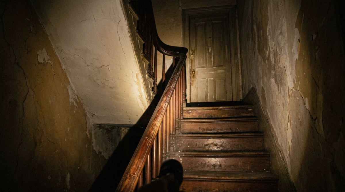 A dark wooden staircase in an old Savannah townhouse lit by a flashlight on a ghost hunting tour in Savannah GA
