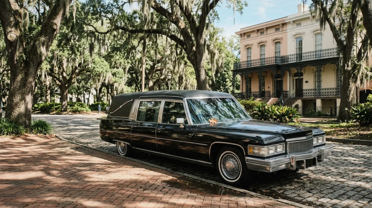 A vintage black hearse parked beside a sunny Savannah square with live oaks, the ride on a hearse ghost tour in Savannah GA