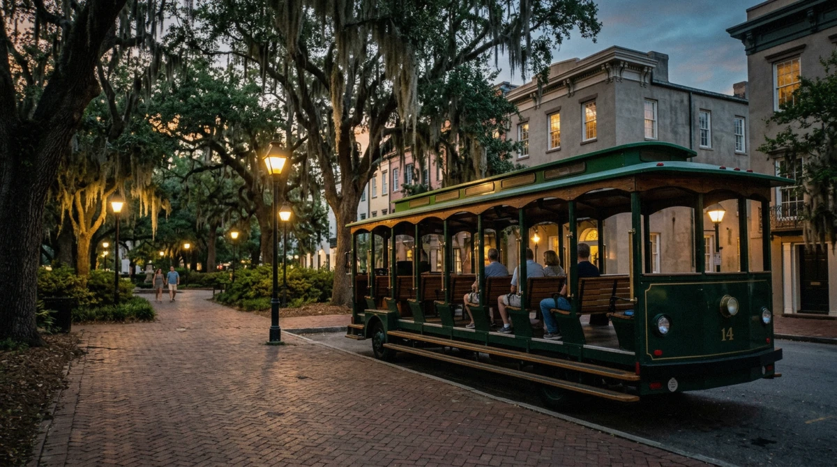 A sightseeing trolley beside a Savannah square, the seated alternative to a hearse ghost tour in Savannah GA