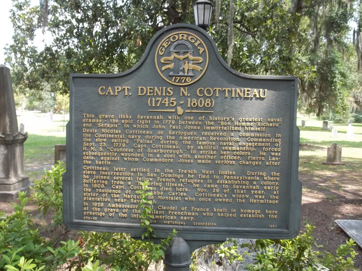 The historical marker for Captain Denis N. Cottineau in Colonial Park Cemetery, Savannah GA