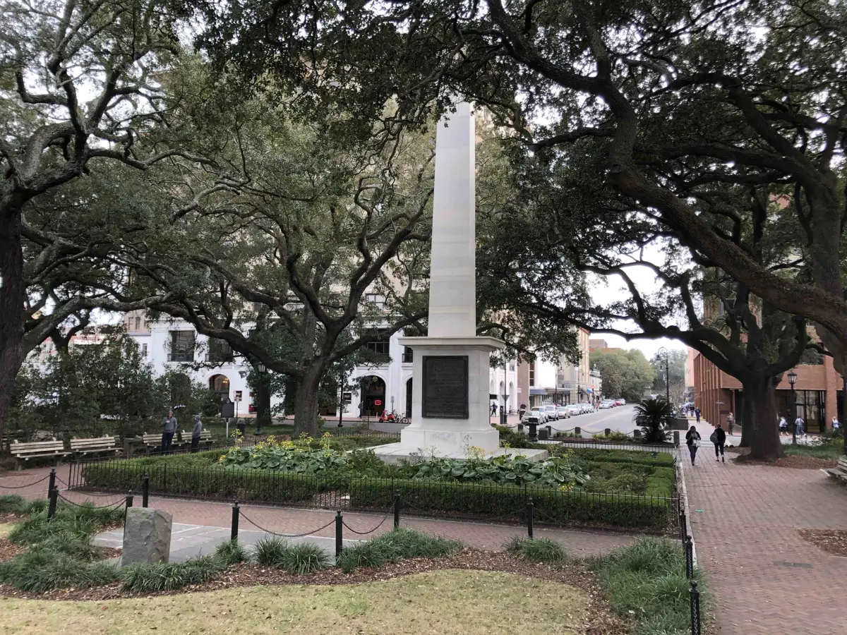 The Nathanael Greene Monument in Johnson Square, meeting point of the adults-only Savannah GA ghost tour