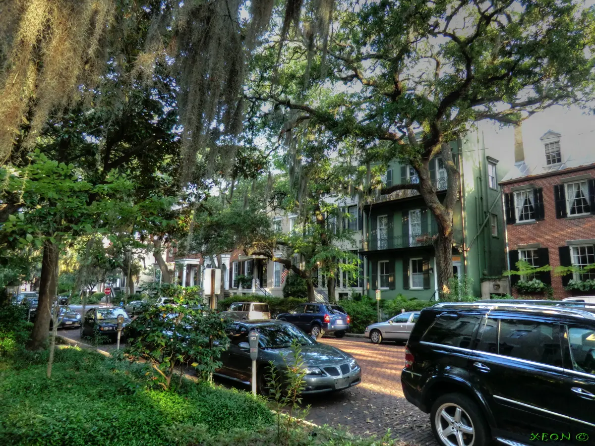Live oaks over a brick street in the Historic District, the setting of a candlelit Savannah GA ghost tour