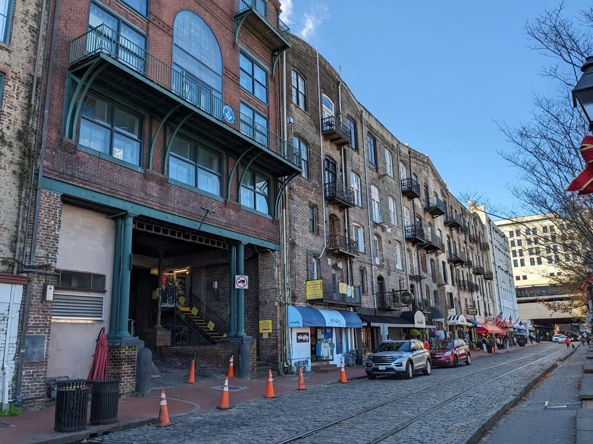 Old warehouse buildings facing River Street, inside the Savannah open container zone